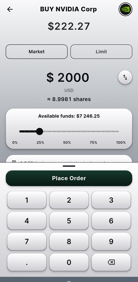Buy order screen with market and limit tabs, amount entry and available funds