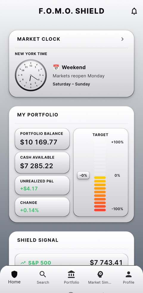 The app's home screen: market clock, portfolio balance and market indices